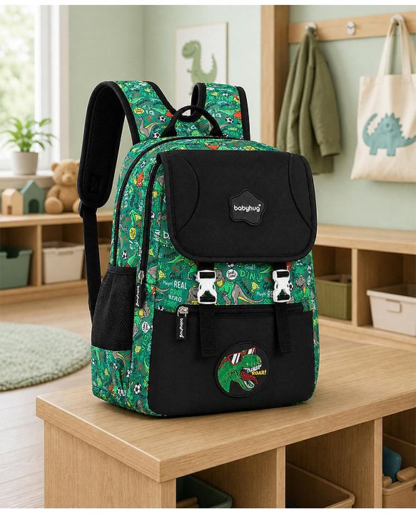 Babyhug 16 Inches Dino Theme Snappy Backpack | 2 Main Compartments, 2 Front Pockets, 2 Side Bottle Pockets | Water Resistant | Durable Zippers | For School, Travel & Outdoors | Green Black