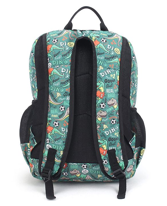 Babyhug 16 Inches Dino Theme Snappy Backpack | 2 Main Compartments, 2 Front Pockets, 2 Side Bottle Pockets | Water Resistant | Durable Zippers | For School, Travel & Outdoors | Green Black