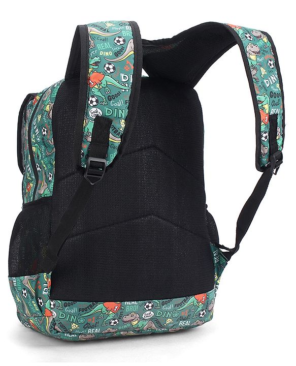 Babyhug 16 Inches Dino Theme Snappy Backpack | 2 Main Compartments, 2 Front Pockets, 2 Side Bottle Pockets | Water Resistant | Durable Zippers | For School, Travel & Outdoors | Green Black