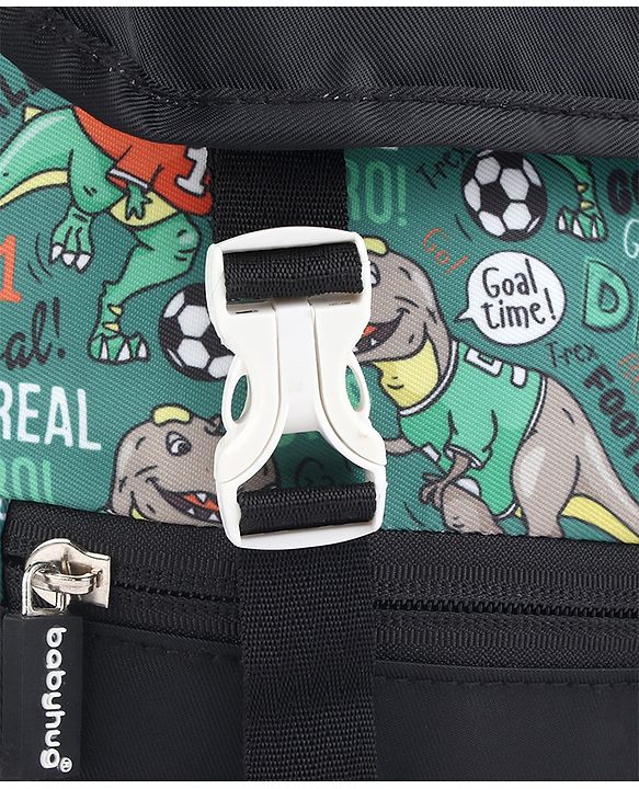 Babyhug 16 Inches Dino Theme Snappy Backpack | 2 Main Compartments, 2 Front Pockets, 2 Side Bottle Pockets | Water Resistant | Durable Zippers | For School, Travel & Outdoors | Green Black