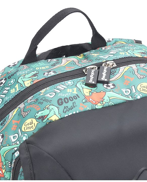 Babyhug 16 Inches Dino Theme Snappy Backpack | 2 Main Compartments, 2 Front Pockets, 2 Side Bottle Pockets | Water Resistant | Durable Zippers | For School, Travel & Outdoors | Green Black