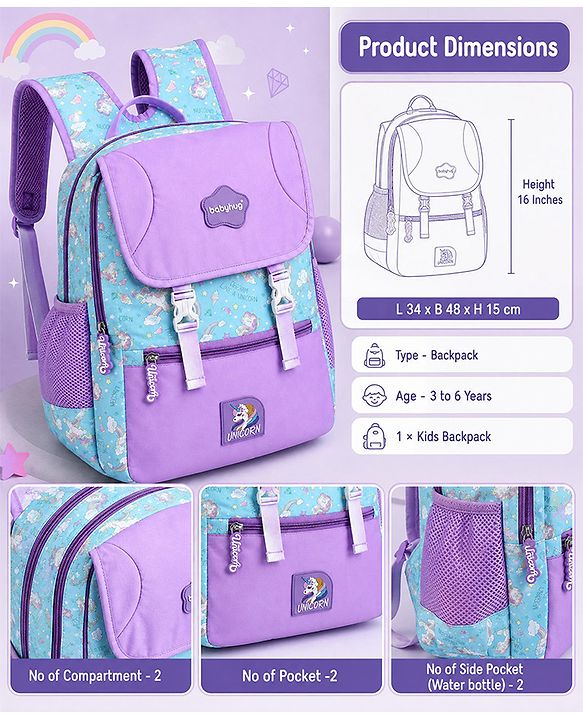 Babyhug 16 Inches Dino Theme Snappy Backpack | 2 Main Compartments, 2 Front Pockets, 2 Side Bottle Pockets | Water Resistant | Durable Zippers | For School, Travel & Outdoors | Green Black