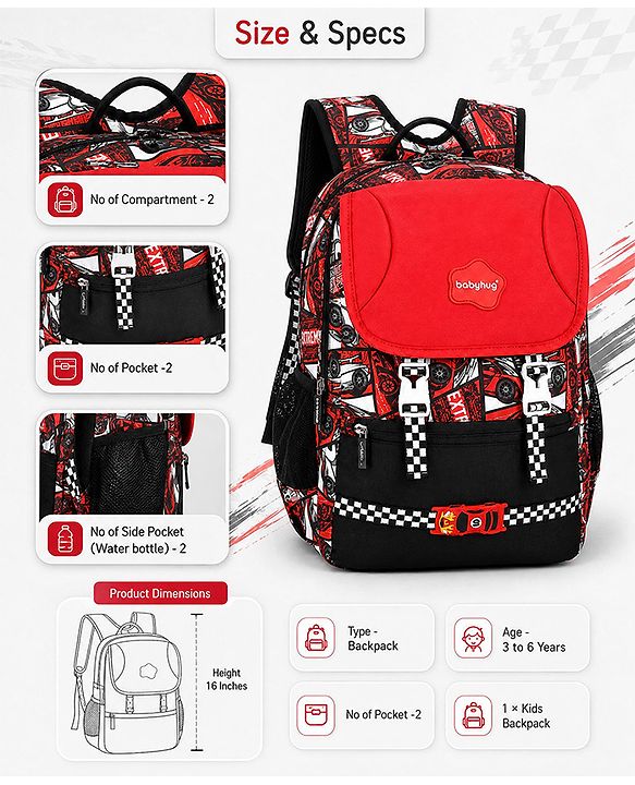 Babyhug 16 Inches Dino Theme Snappy Backpack | 2 Main Compartments, 2 Front Pockets, 2 Side Bottle Pockets | Water Resistant | Durable Zippers | For School, Travel & Outdoors | Green Black