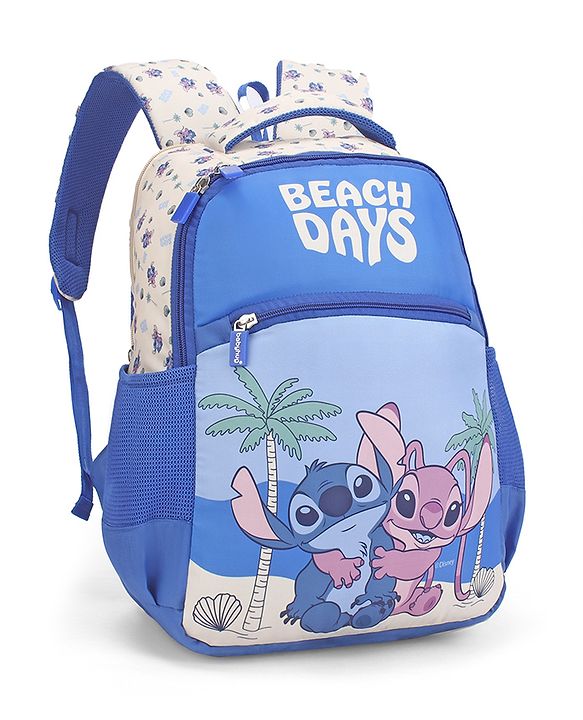 Babyhug Disney Stitch Beach Days Backpack | 2 Main Compartments, 1 Front Pocket, 2 Side Bottle Pockets | Water Resistant | Durable Zippers | For School & Outdoors - 16 Inches | Blue White