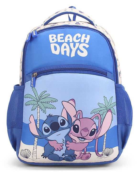 Babyhug Disney Stitch Beach Days Backpack | 2 Main Compartments, 1 Front Pocket, 2 Side Bottle Pockets | Water Resistant | Durable Zippers | For School & Outdoors - 16 Inches | Blue White