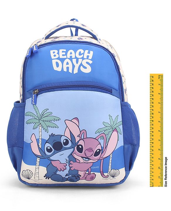 Babyhug Disney Stitch Beach Days Backpack | 2 Main Compartments, 1 Front Pocket, 2 Side Bottle Pockets | Water Resistant | Durable Zippers | For School & Outdoors - 16 Inches | Blue White