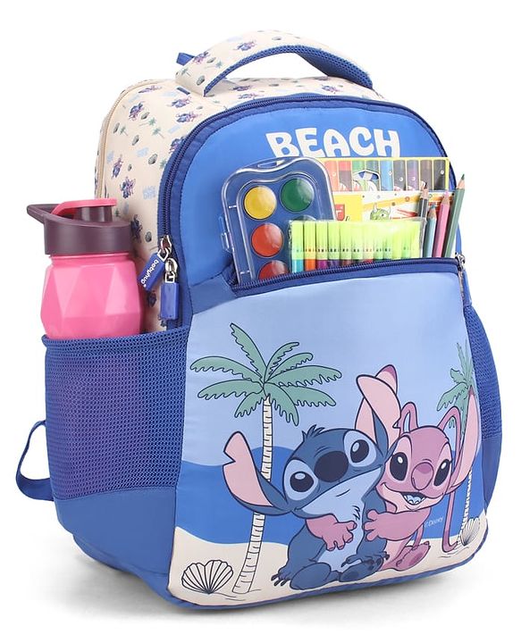 Babyhug Disney Stitch Beach Days Backpack | 2 Main Compartments, 1 Front Pocket, 2 Side Bottle Pockets | Water Resistant | Durable Zippers | For School & Outdoors - 16 Inches | Blue White