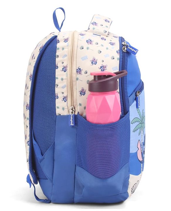 Babyhug Disney Stitch Beach Days Backpack | 2 Main Compartments, 1 Front Pocket, 2 Side Bottle Pockets | Water Resistant | Durable Zippers | For School & Outdoors - 16 Inches | Blue White