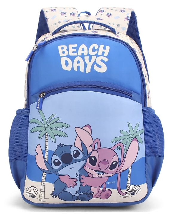 Babyhug Disney Stitch Beach Days Backpack | 2 Main Compartments, 1 Front Pocket, 2 Side Bottle Pockets | Water Resistant | Durable Zippers | For School & Outdoors - 16 Inches | Blue White