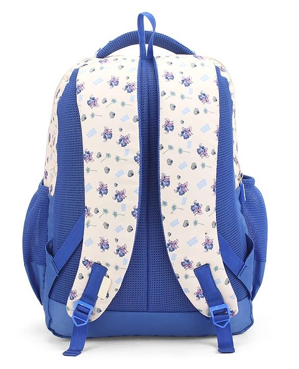 Babyhug Disney Stitch Beach Days Backpack | 2 Main Compartments, 1 Front Pocket, 2 Side Bottle Pockets | Water Resistant | Durable Zippers | For School & Outdoors - 16 Inches | Blue White