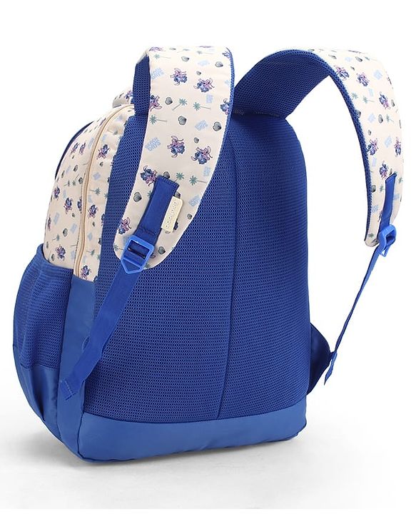 Babyhug Disney Stitch Beach Days Backpack | 2 Main Compartments, 1 Front Pocket, 2 Side Bottle Pockets | Water Resistant | Durable Zippers | For School & Outdoors - 16 Inches | Blue White