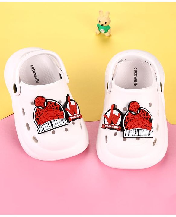 Cute Walk by Babyhug Marvel  Back Strap Clogs With Spider Man Applique - White & Red