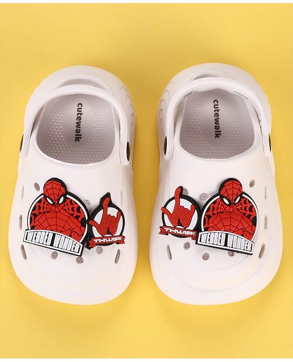 Cute Walk by Babyhug Marvel  Back Strap Clogs With Spider Man Applique - White & Red