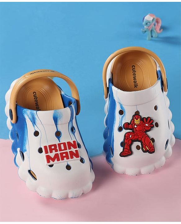 Cute Walk by Babyhug Marvel Back Strap Clogs With Iron Man Applique - Blue
