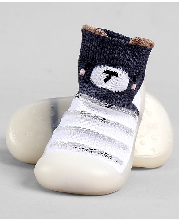 Cute Walk by Babyhug Slip On Sock Shoes With Stripes & Bear Print - White & Grey