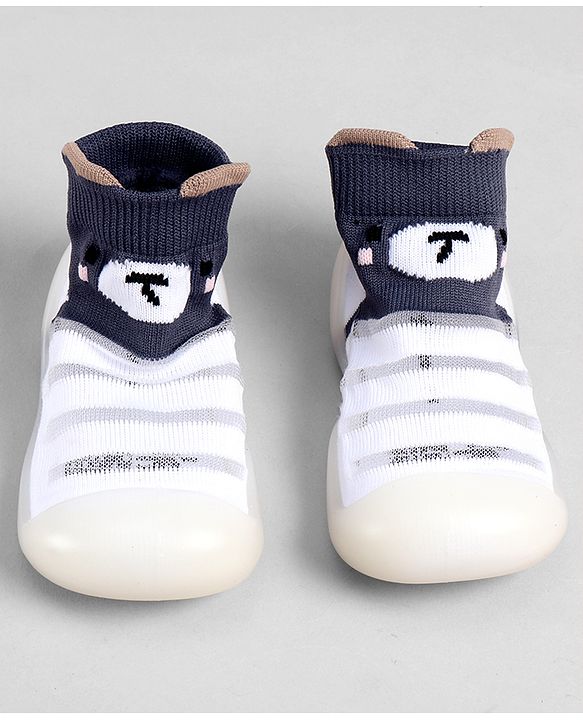 Cute Walk by Babyhug Slip On Sock Shoes With Stripes & Bear Print - White & Grey