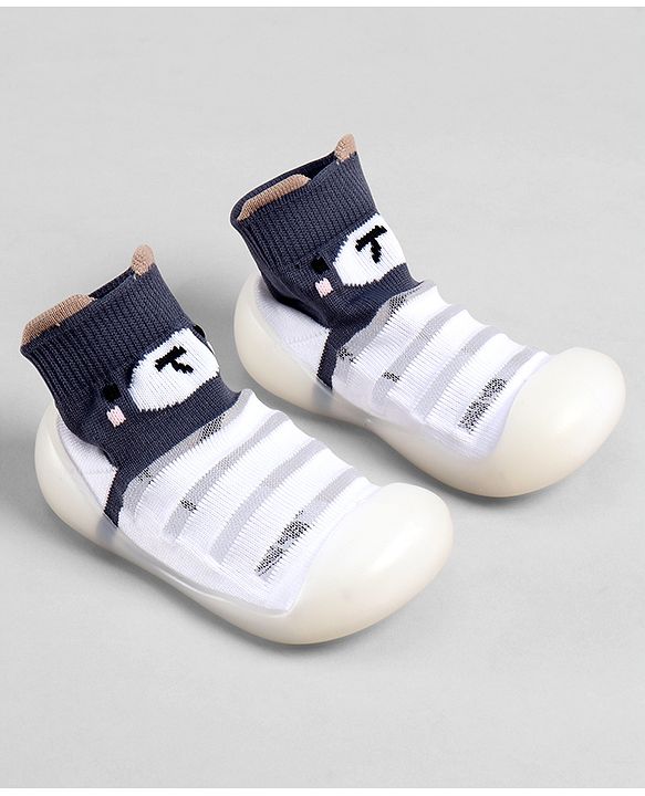 Cute Walk by Babyhug Slip On Sock Shoes With Stripes & Bear Print - White & Grey