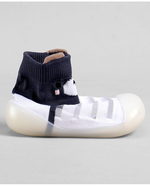 Cute Walk by Babyhug Slip On Sock Shoes With Stripes & Bear Print - White & Grey