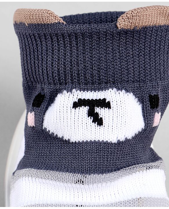 Cute Walk by Babyhug Slip On Sock Shoes With Stripes & Bear Print - White & Grey