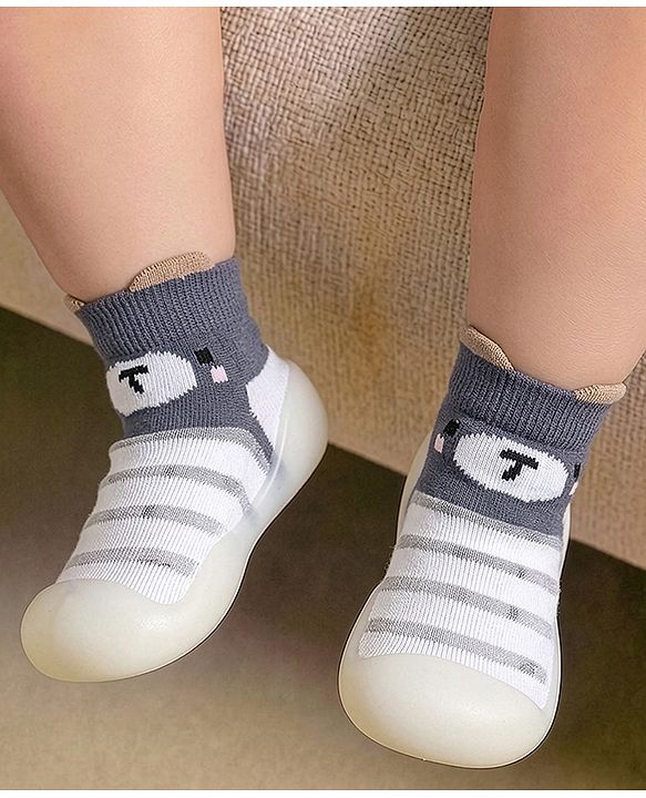 Cute Walk by Babyhug Slip On Sock Shoes With Stripes & Bear Print - White & Grey