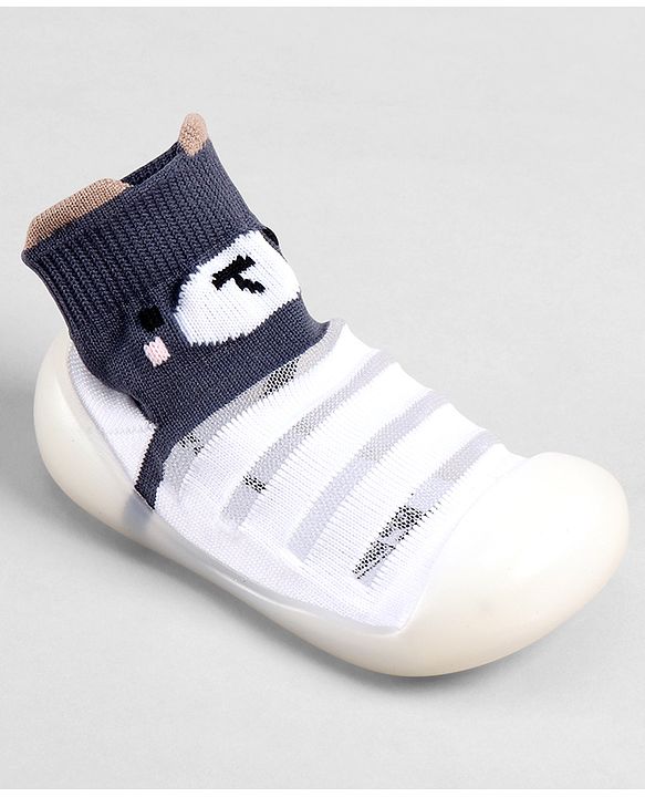 Cute Walk by Babyhug Slip On Sock Shoes With Stripes & Bear Print - White & Grey
