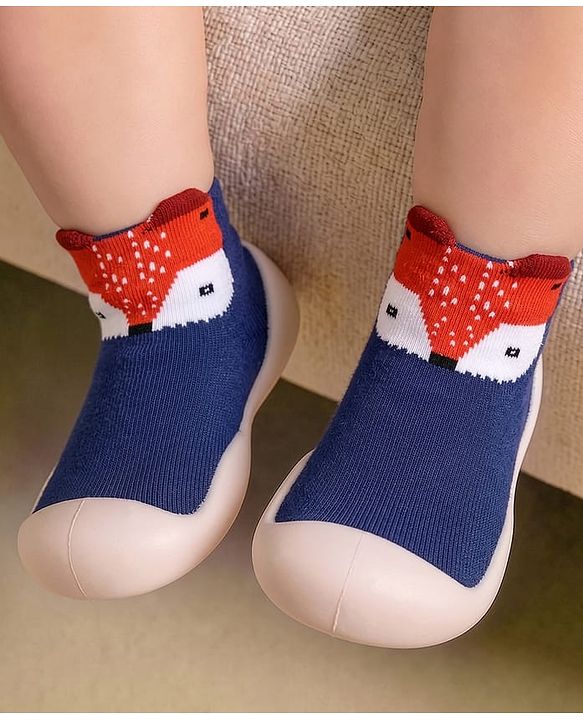 Cute Walk by Babyhug Slip On Socks Shoes With Fox Print - Blue