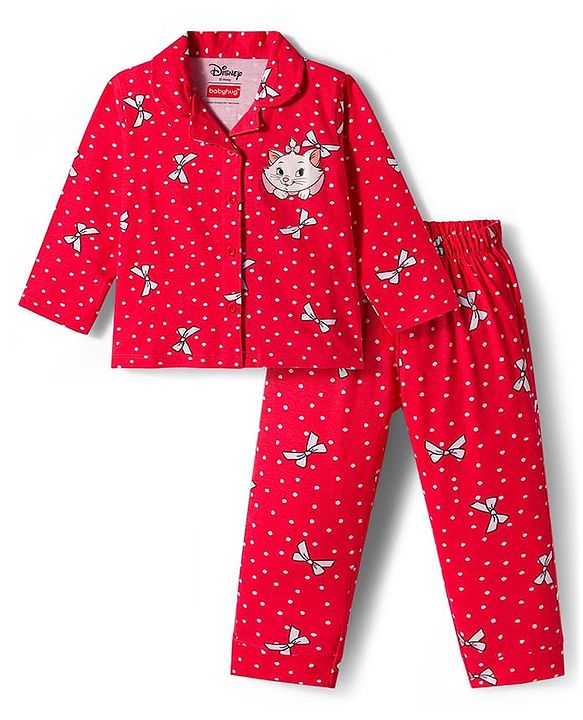 Babyhug Disney Single Jersey Knit Full Sleeves Co-ords Night Suit With Marie Graphics - Red