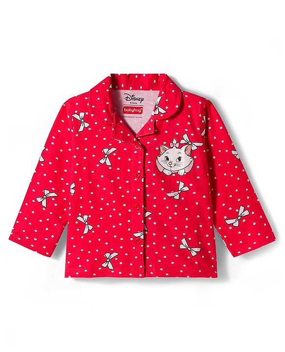 Babyhug Disney Single Jersey Knit Full Sleeves Co-ords Night Suit With Marie Graphics - Red
