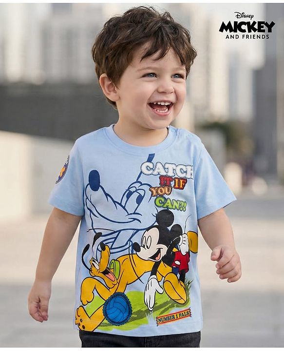 Babyhug Disney Single Jersey Knit Half Sleeves T-Shirt With Mickey & Pluto Graphics - Light Blue