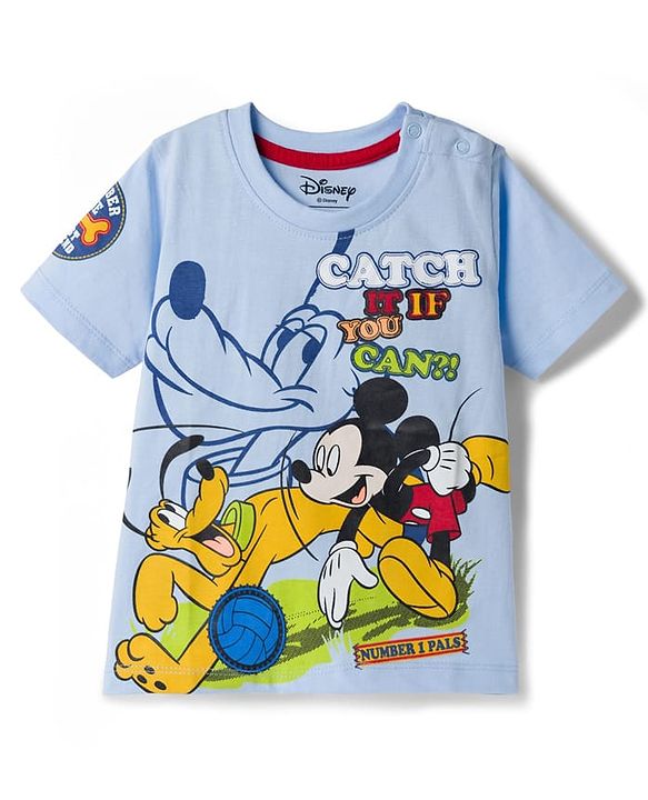 Babyhug Disney Single Jersey Knit Half Sleeves T-Shirt With Mickey & Pluto Graphics - Light Blue