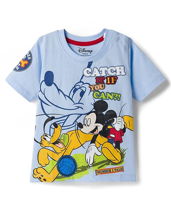 Babyhug Disney Single Jersey Knit Half Sleeves T-Shirt With Mickey & Pluto Graphics - Light Blue