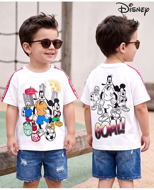 Babyhug Disney Single Jersey Knit Half Sleeves T-Shirt With Front & Back Mickey & Friends Graphics - White