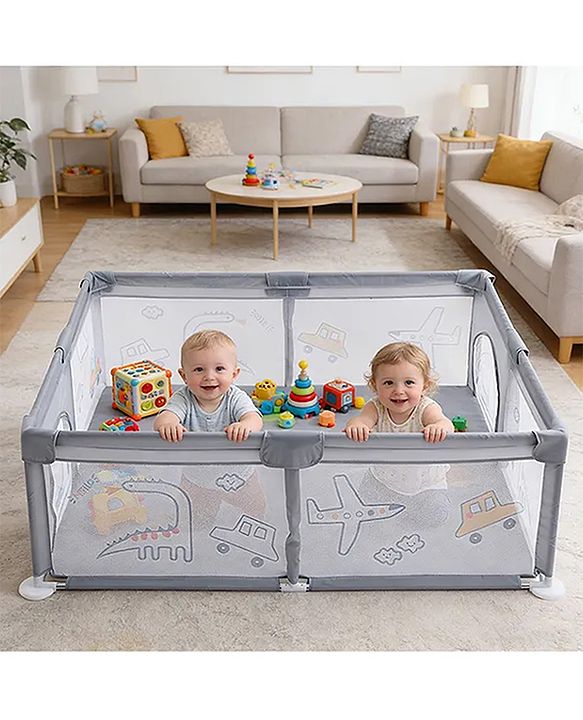 Babyhug Smart Portable Playpen with Safety Lock & Play Fence  Grey| Spacious Baby Play Area| Foldable Panels| Indoor & Outdoor Use| Easy to Assemble| Safe Play Zone for Babies & Toddlers