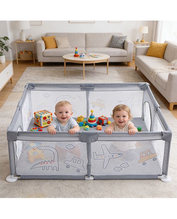 Babyhug Smart Portable Playpen with Safety Lock & Play Fence  Grey| Spacious Baby Play Area| Foldable Panels| Indoor & Outdoor Use| Easy to Assemble| Safe Play Zone for Babies & Toddlers