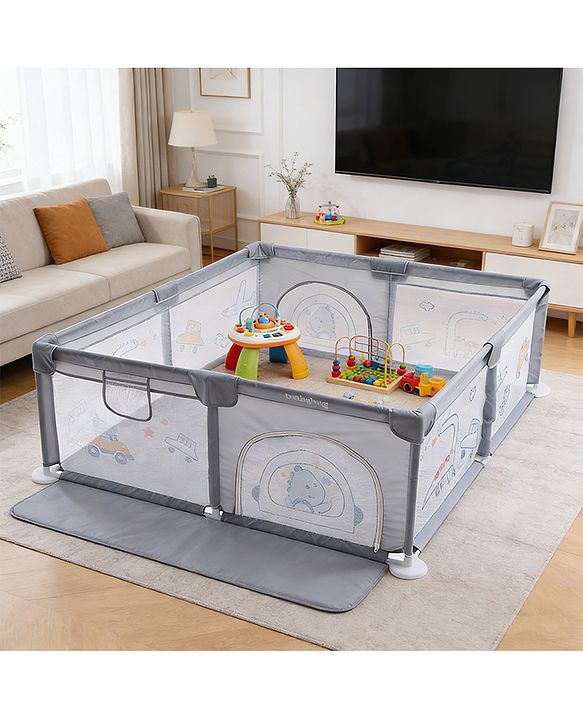 Babyhug Smart Portable Playpen with Safety Lock & Play Fence  Grey| Spacious Baby Play Area| Foldable Panels| Indoor & Outdoor Use| Easy to Assemble| Safe Play Zone for Babies & Toddlers