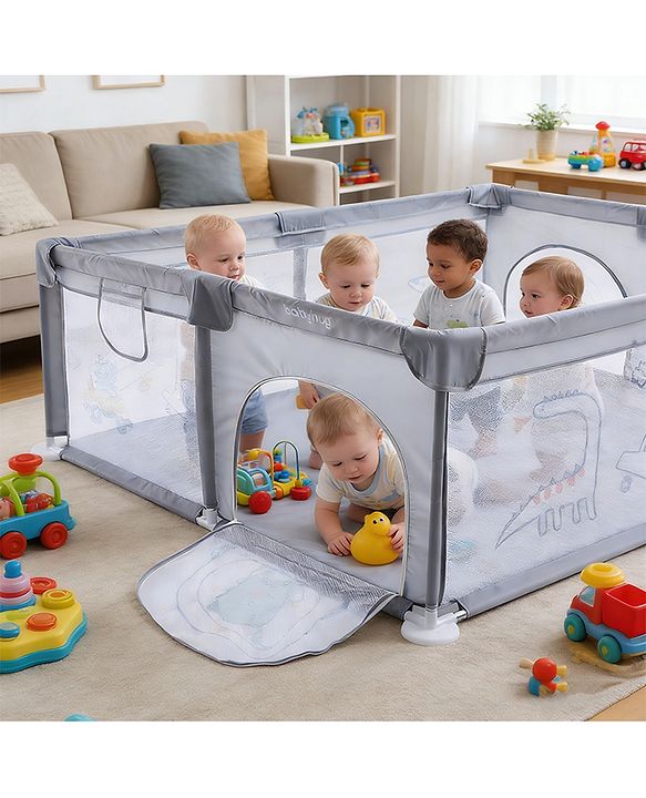 Babyhug Smart Portable Playpen with Safety Lock & Play Fence  Grey| Spacious Baby Play Area| Foldable Panels| Indoor & Outdoor Use| Easy to Assemble| Safe Play Zone for Babies & Toddlers