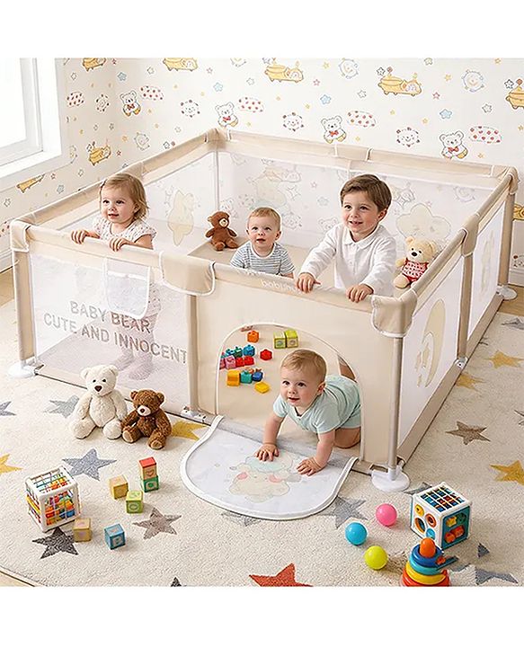 Babyhug Playpen & Play Yard  Yellow| 150 x 180 cm Large Play Area| Zipper Door & Toy Pouch| Foldable Indoor & Outdoor Playpen| Safe & Sturdy| for 05 Years Boys & Girls| Easy to Assemble