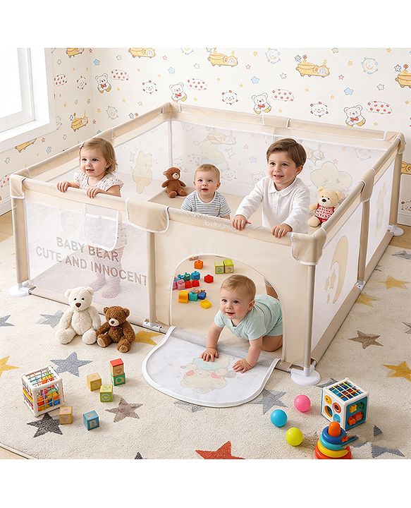 Babyhug Playpen & Play Yard  Yellow| 150 x 180 cm Large Play Area| Zipper Door & Toy Pouch| Foldable Indoor & Outdoor Playpen| Safe & Sturdy| for 05 Years Boys & Girls| Easy to Assemble