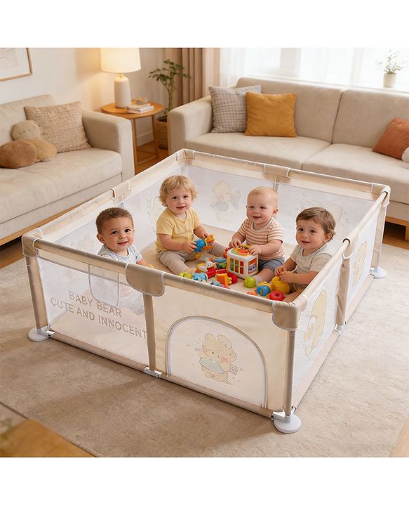 Babyhug Playpen & Play Yard  Yellow| 150 x 180 cm Large Play Area| Zipper Door & Toy Pouch| Foldable Indoor & Outdoor Playpen| Safe & Sturdy| for 05 Years Boys & Girls| Easy to Assemble