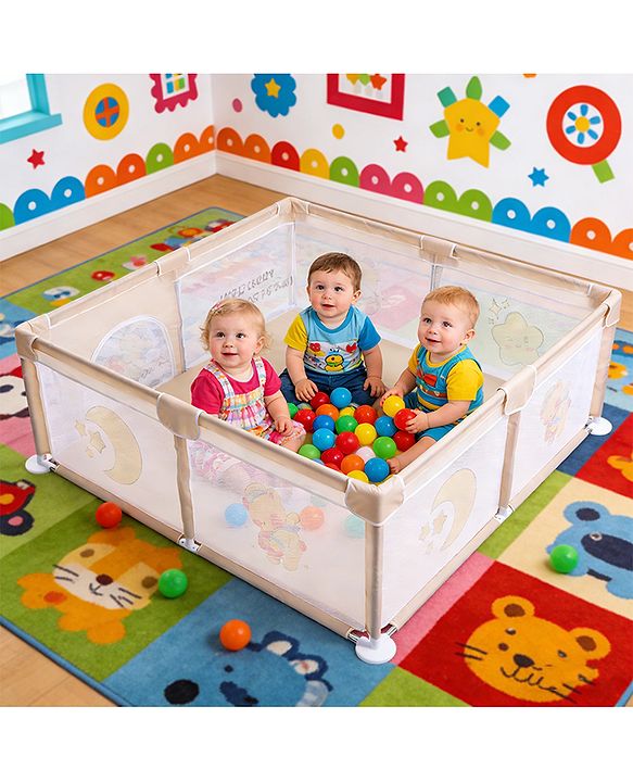 Babyhug Playpen & Play Yard  Yellow| 150 x 180 cm Large Play Area| Zipper Door & Toy Pouch| Foldable Indoor & Outdoor Playpen| Safe & Sturdy| for 05 Years Boys & Girls| Easy to Assemble