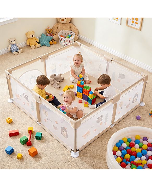 Babyhug Playpen & Play Yard  Khaki| 150 x 180 cm Large Play Area| Zipper Door & Toy Pouch| Foldable Indoor & Outdoor Playpen| Safe & Sturdy| for 05 Years Boys & Girls| Easy to Assemble