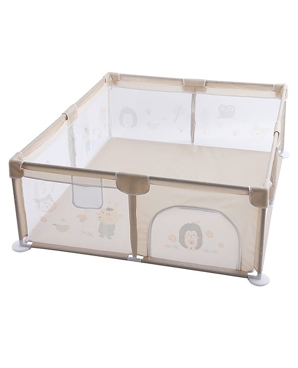 Babyhug Playpen & Play Yard  Khaki| 150 x 180 cm Large Play Area| Zipper Door & Toy Pouch| Foldable Indoor & Outdoor Playpen| Safe & Sturdy| for 05 Years Boys & Girls| Easy to Assemble
