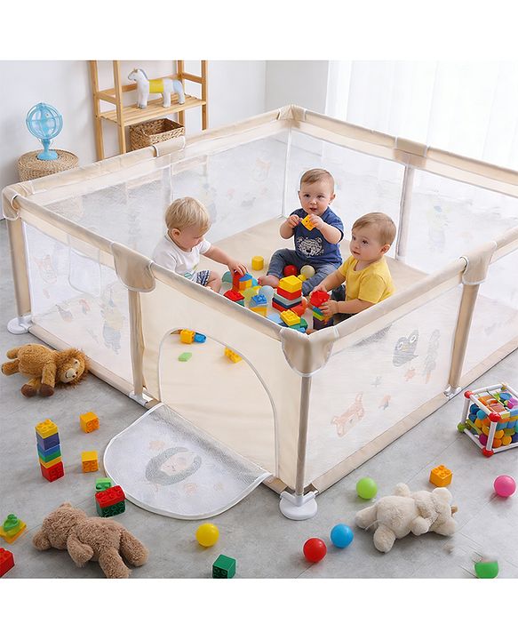 Babyhug Playpen & Play Yard  Khaki| 150 x 180 cm Large Play Area| Zipper Door & Toy Pouch| Foldable Indoor & Outdoor Playpen| Safe & Sturdy| for 05 Years Boys & Girls| Easy to Assemble