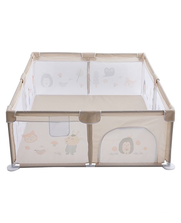 Babyhug Playpen & Play Yard  Khaki| 150 x 180 cm Large Play Area| Zipper Door & Toy Pouch| Foldable Indoor & Outdoor Playpen| Safe & Sturdy| for 05 Years Boys & Girls| Easy to Assemble
