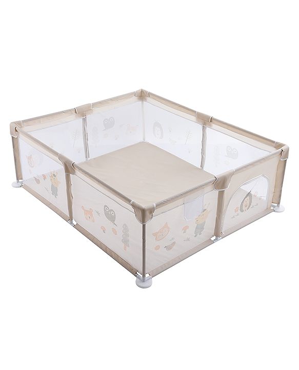 Babyhug Playpen & Play Yard  Khaki| 150 x 180 cm Large Play Area| Zipper Door & Toy Pouch| Foldable Indoor & Outdoor Playpen| Safe & Sturdy| for 05 Years Boys & Girls| Easy to Assemble