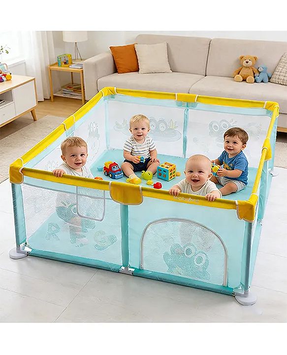 Babyhug Smart Portable Playpen with Safety Lock & Play Fence  Light Blue| Spacious Baby Play Area| Foldable Panels| Indoor & Outdoor Use| Easy to Assemble| Safe Play Zone for Babies & Toddlers