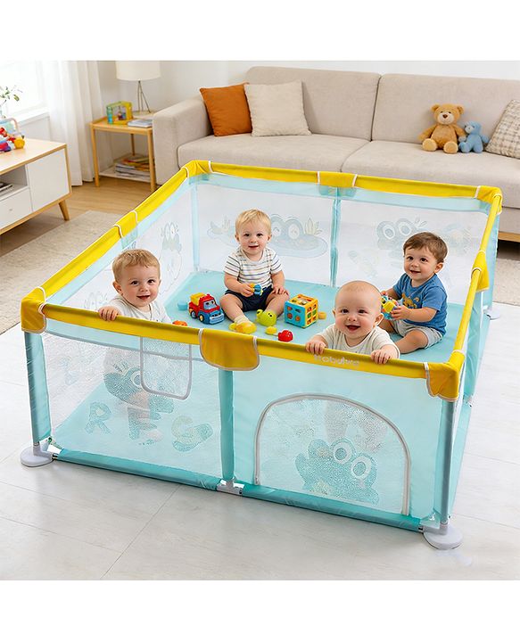 Babyhug Smart Portable Playpen with Safety Lock & Play Fence  Light Blue| Spacious Baby Play Area| Foldable Panels| Indoor & Outdoor Use| Easy to Assemble| Safe Play Zone for Babies & Toddlers