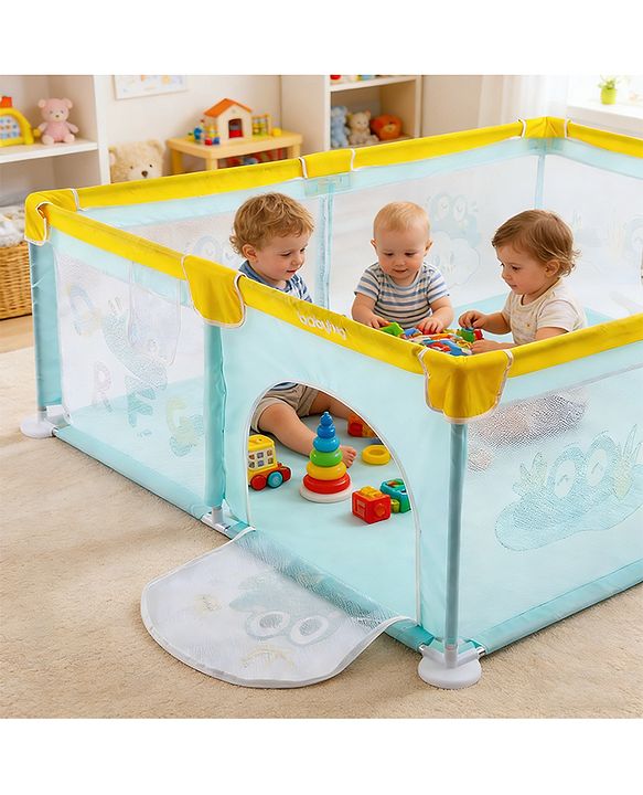 Babyhug Smart Portable Playpen with Safety Lock & Play Fence  Light Blue| Spacious Baby Play Area| Foldable Panels| Indoor & Outdoor Use| Easy to Assemble| Safe Play Zone for Babies & Toddlers