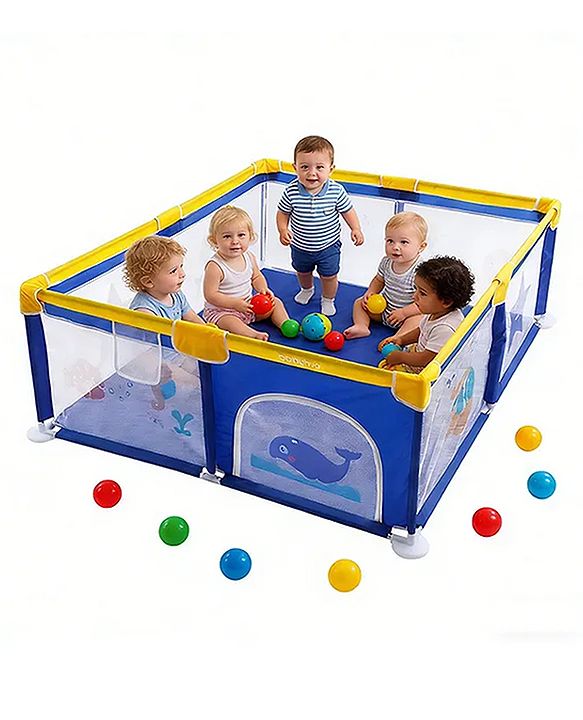 Babyhug Smart Portable Playpen with Safety Lock & Play Fence  Dark Blue| Spacious Baby Play Area| Foldable Panels| Indoor & Outdoor Use| Easy to Assemble| Safe Play Zone for Babies & Toddlers