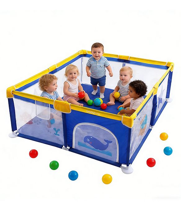 Babyhug Smart Portable Playpen with Safety Lock & Play Fence  Dark Blue| Spacious Baby Play Area| Foldable Panels| Indoor & Outdoor Use| Easy to Assemble| Safe Play Zone for Babies & Toddlers